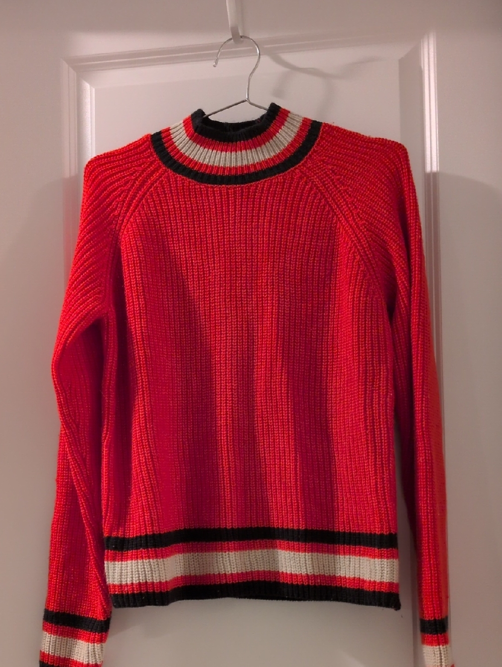 Sanctuary Red Crewneck Sweater with Black and White Stripe Accents